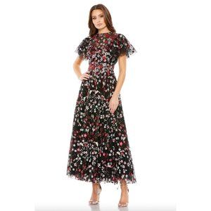 MAC DUGGAL Floral Embroidered Butterfly Tea Length A Line Dress Black Size 2